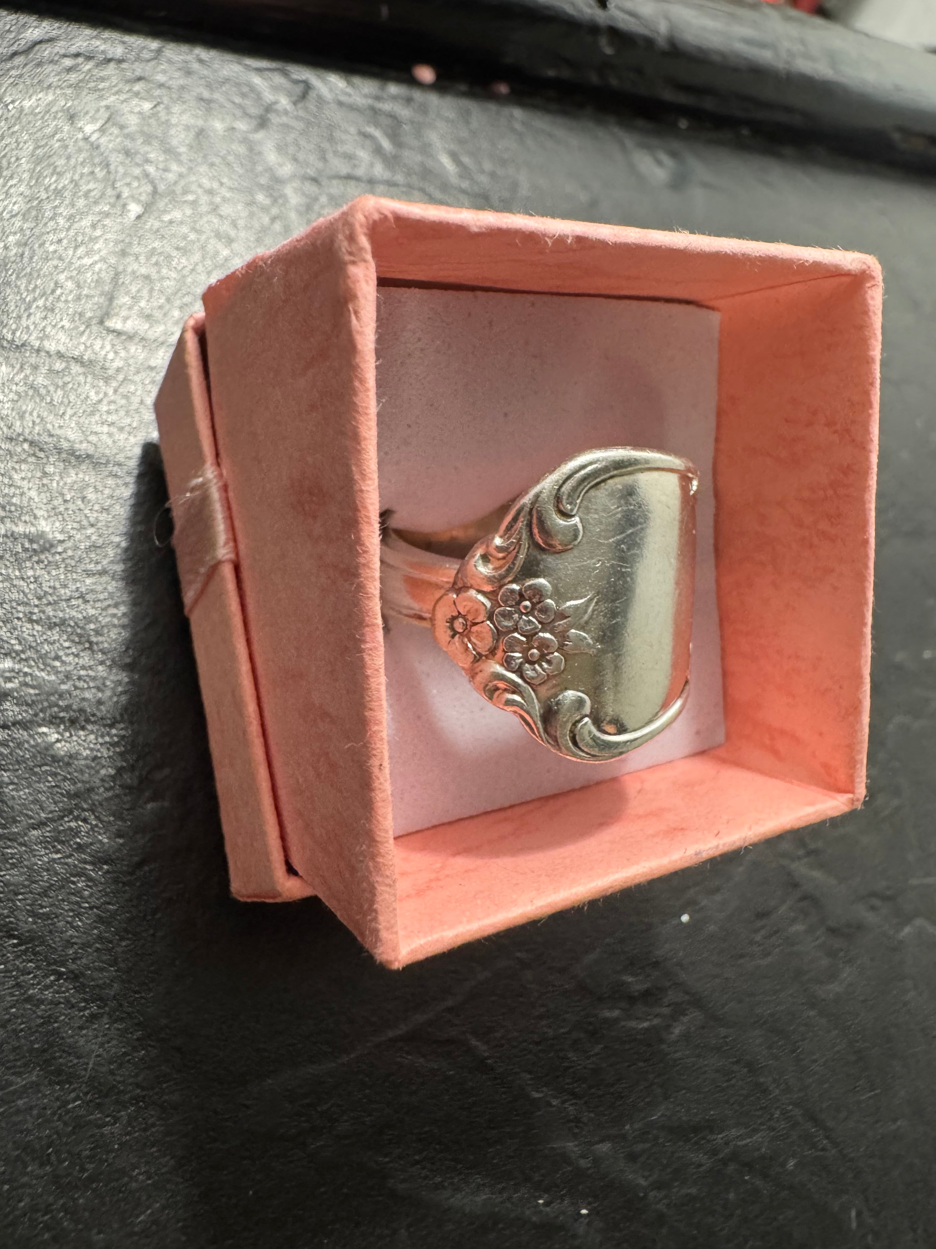 “Quiet Bloom” – Handmade Community Silver Spoon Ring (Size 8) | Floral Vintage Wrap Ring