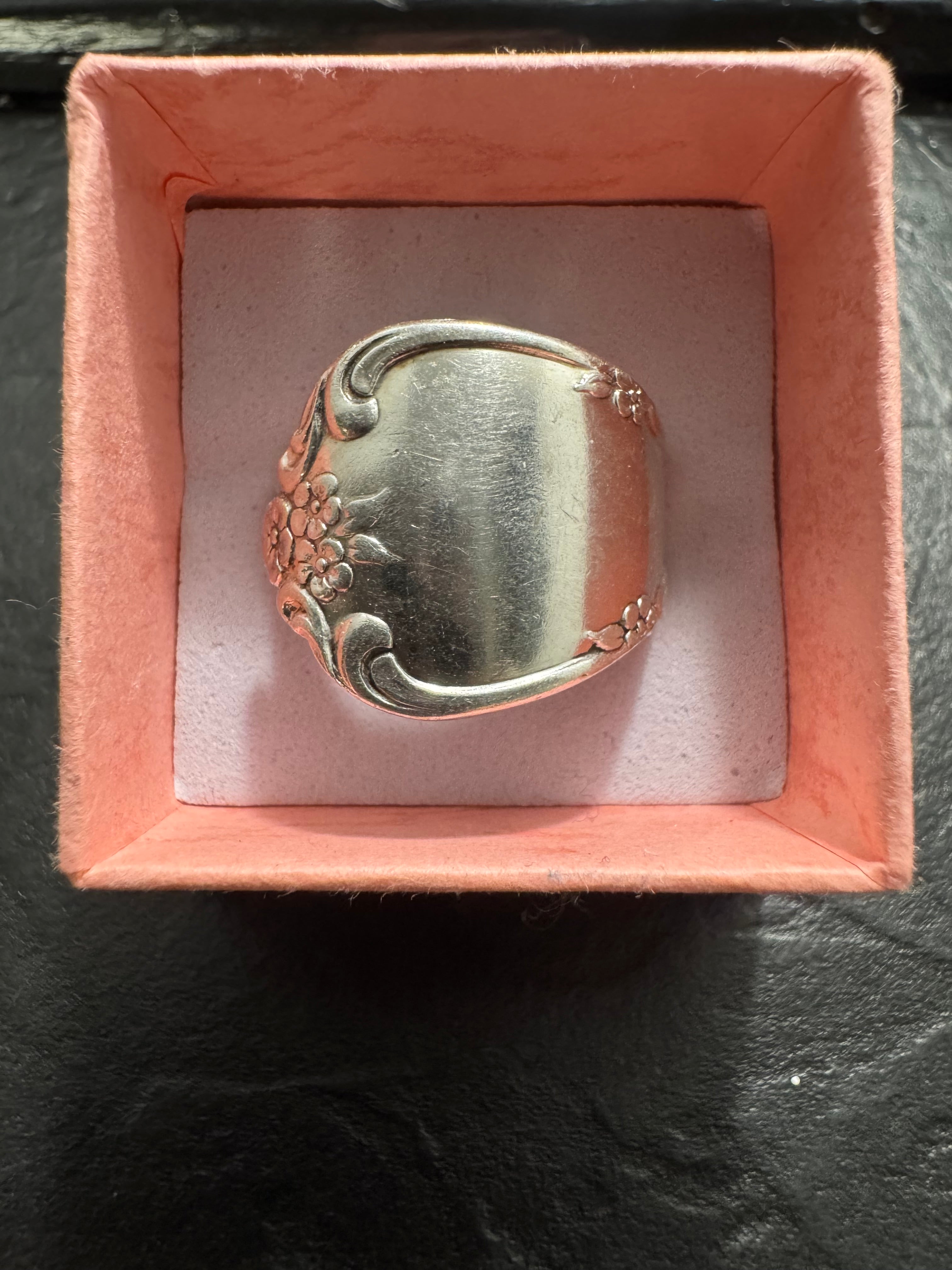 “Quiet Bloom” – Handmade Community Silver Spoon Ring (Size 8) | Floral Vintage Wrap Ring