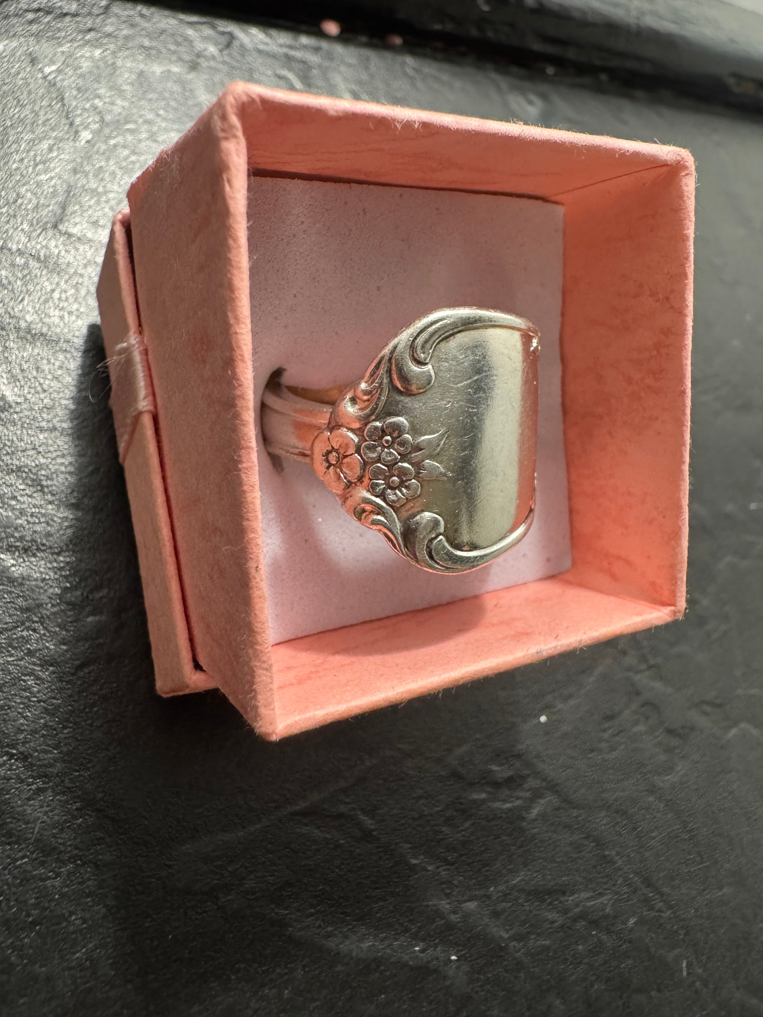 “Quiet Bloom” – Handmade Community Silver Spoon Ring (Size 8) | Floral Vintage Wrap Ring