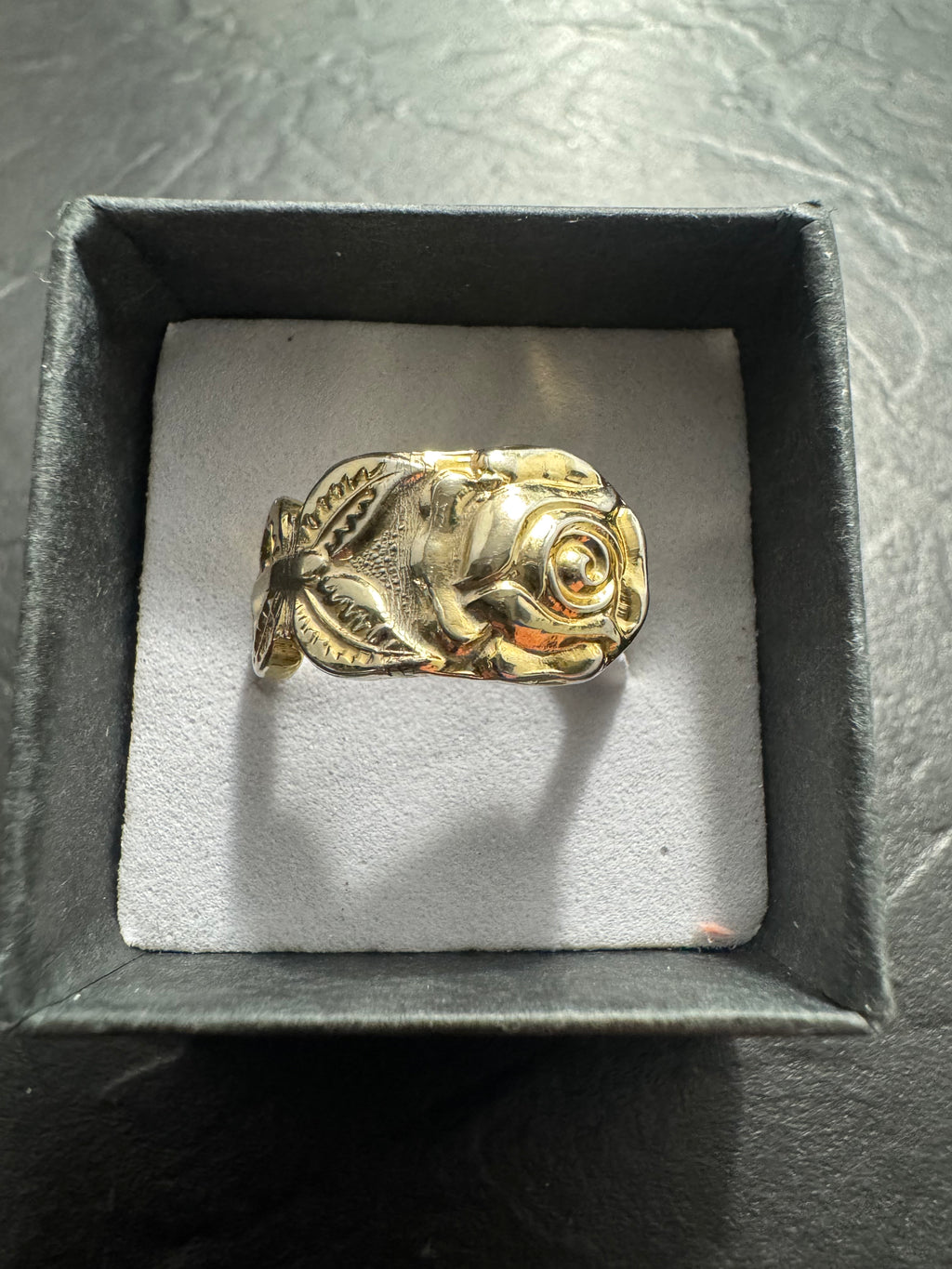 Gold Rose Spoon Ring – Handmade Floral Statement Ring – One of a Kind Size 5 – Featured in Scribe Art Ohio