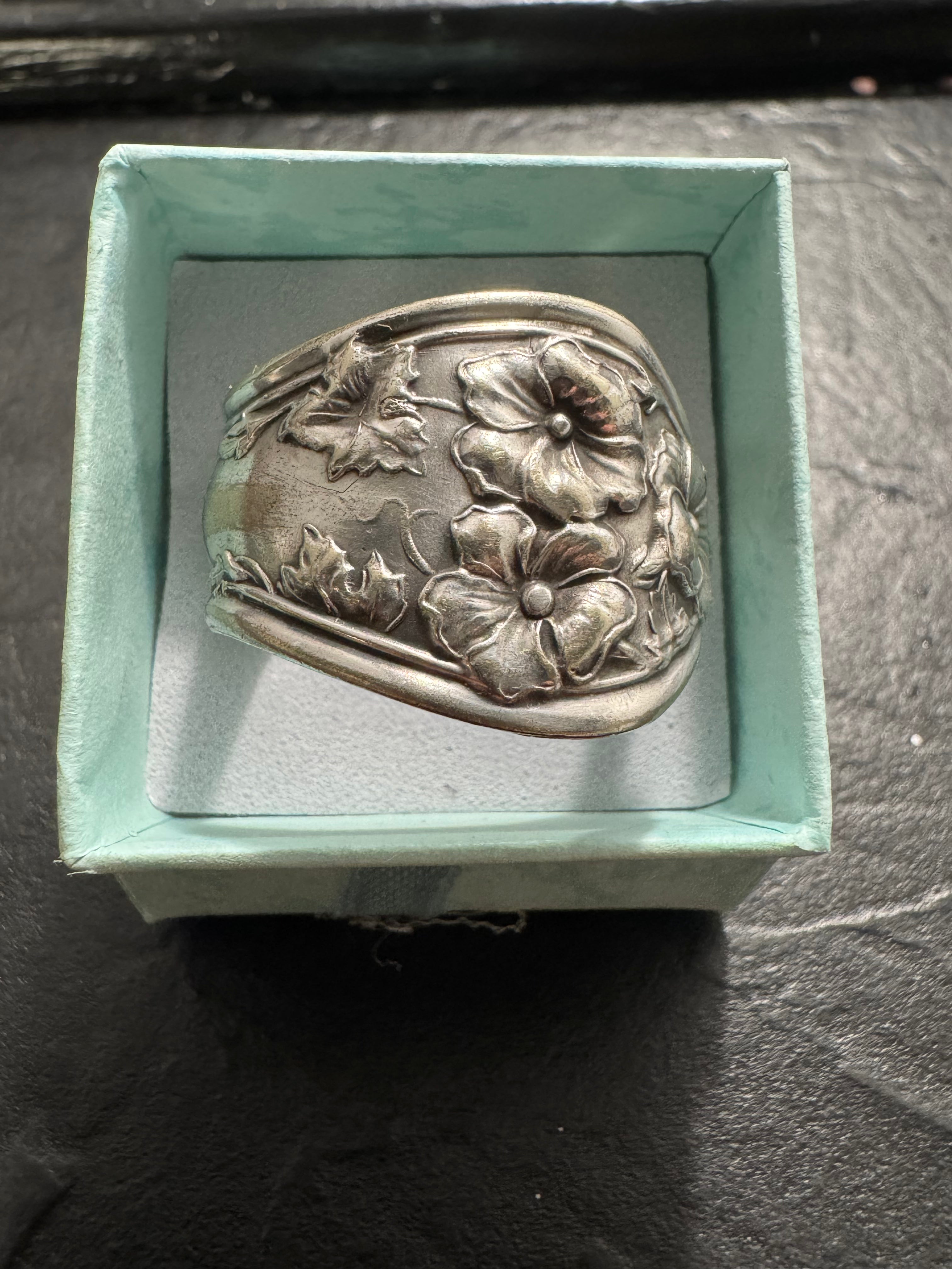 Vintage Fairfield Floral Spoon Ring – Handmade Statement Band – Size 13 – One of a Kind