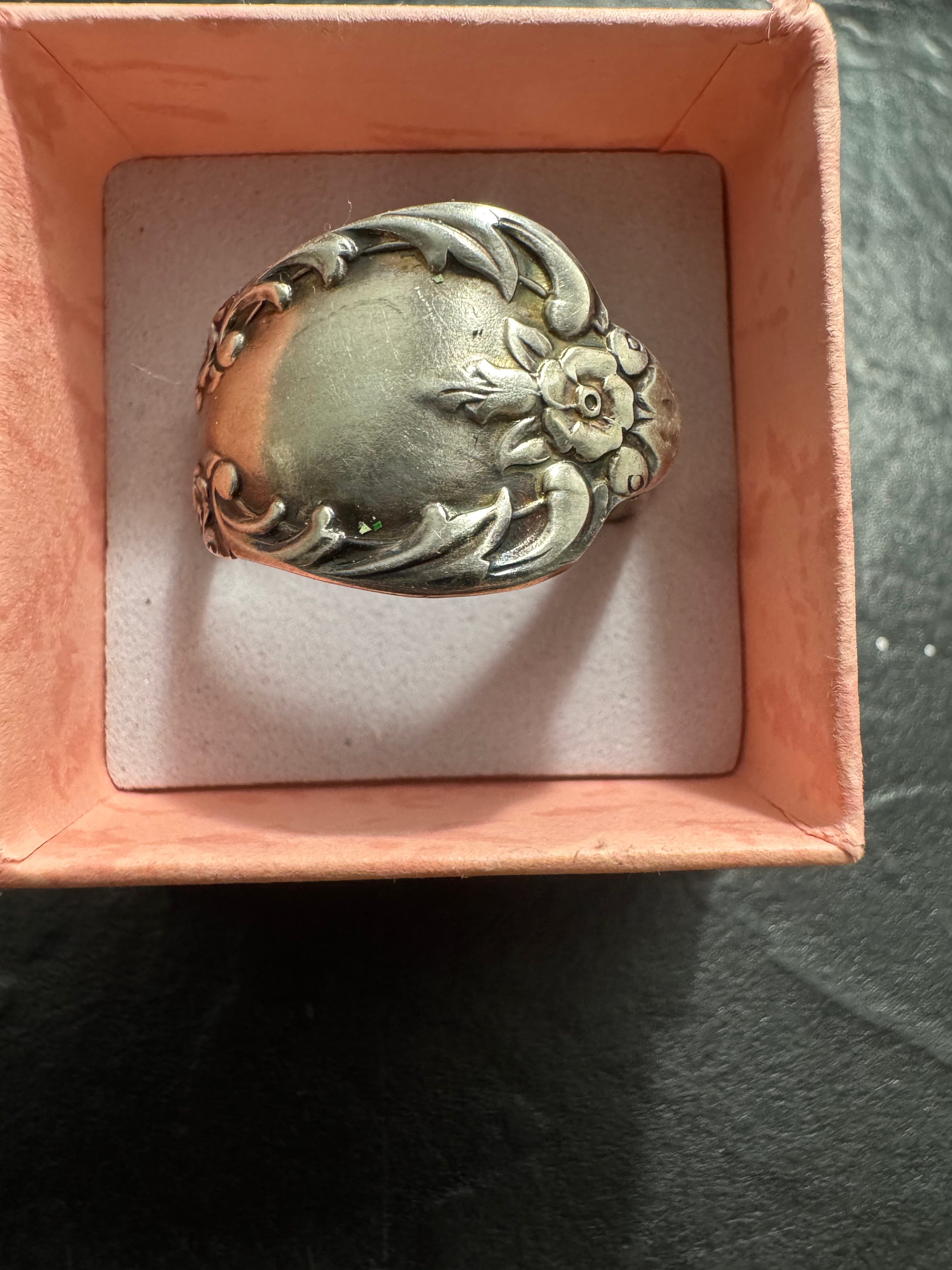 “Gilded Garden” – Handmade Rogers Silver Spoon Ring (Size 12) | Antique Floral Statement Ring