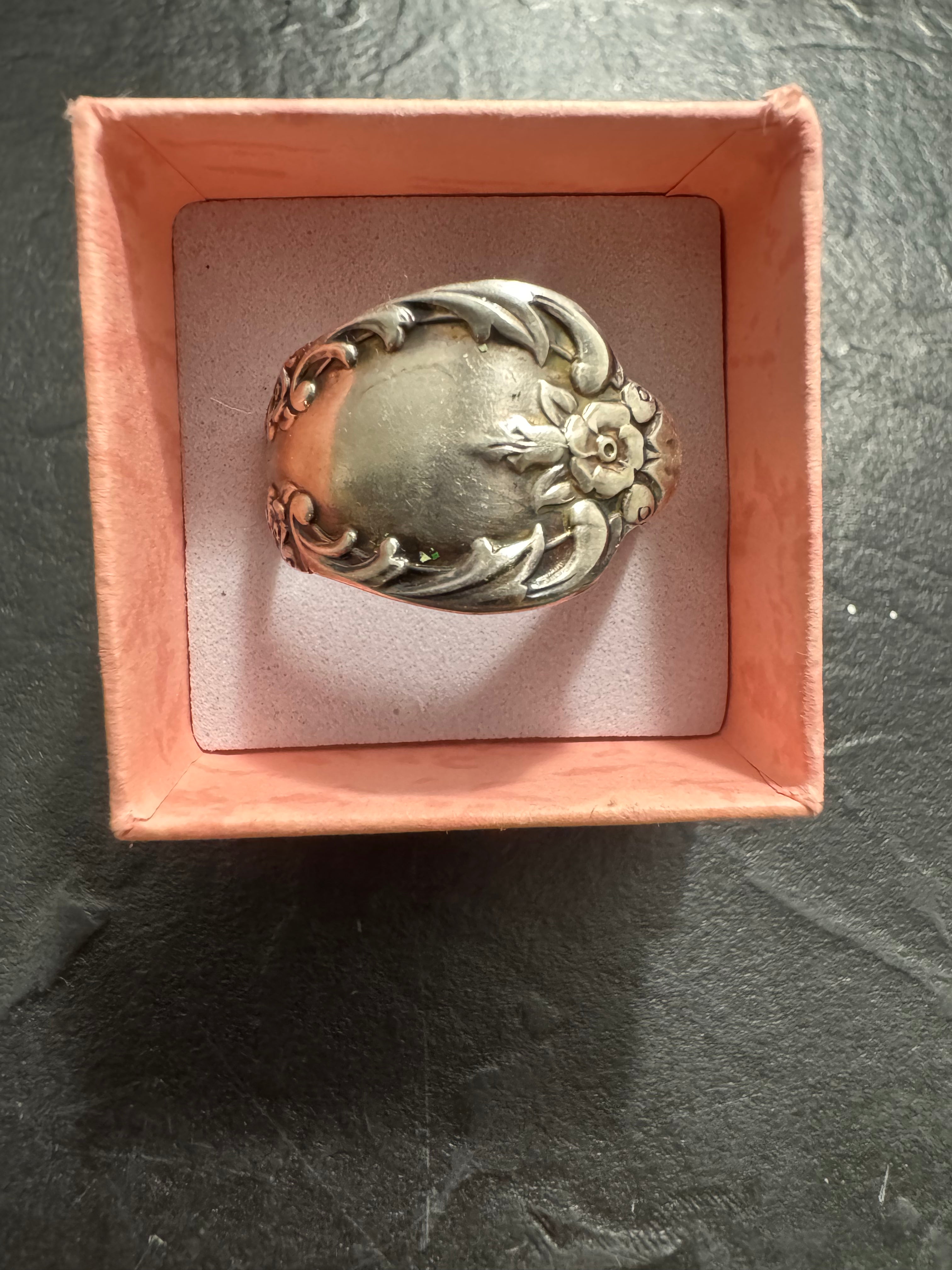 “Gilded Garden” – Handmade Rogers Silver Spoon Ring (Size 12) | Antique Floral Statement Ring