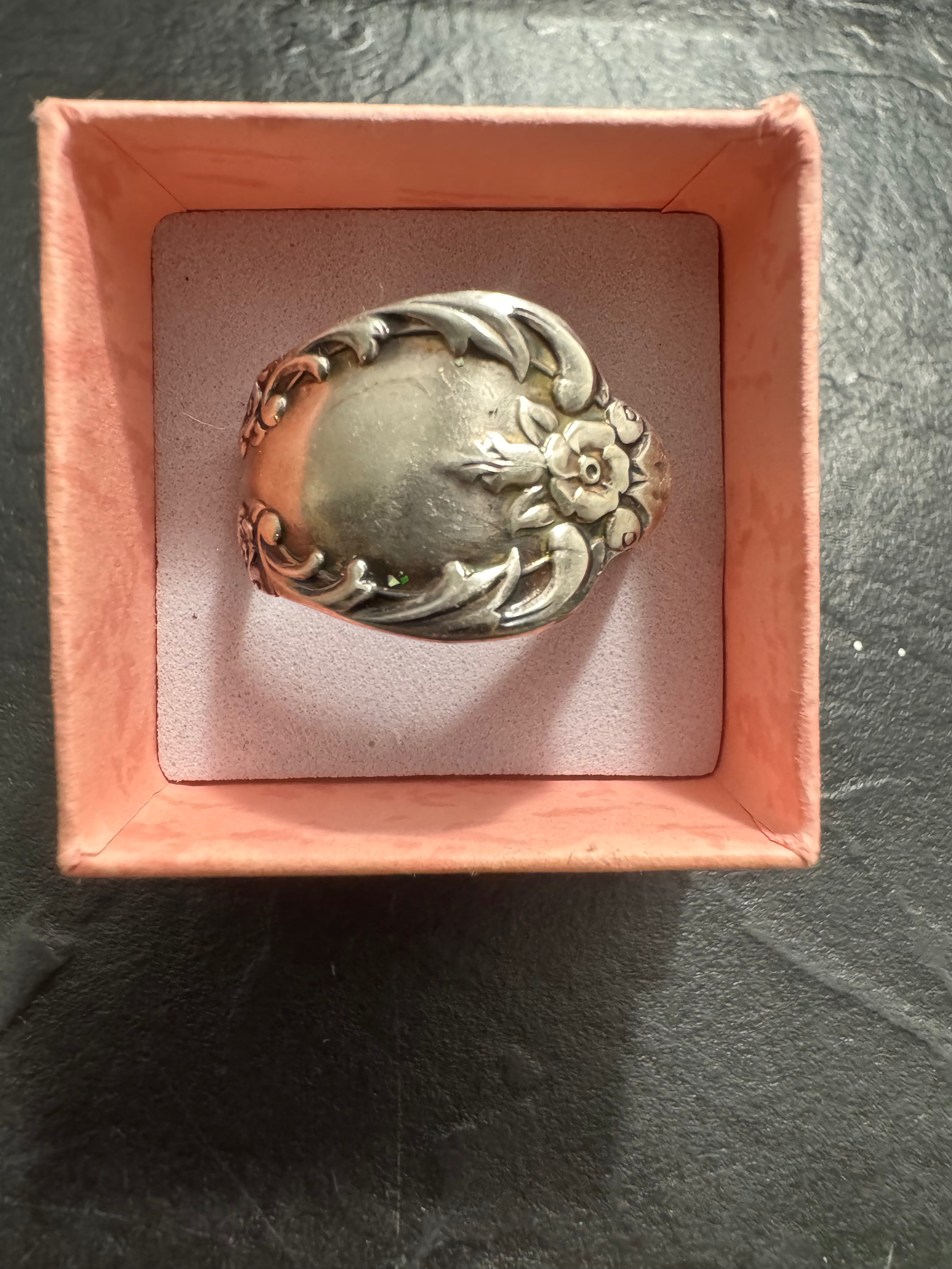 “Gilded Garden” – Handmade Rogers Silver Spoon Ring (Size 12) | Antique Floral Statement Ring