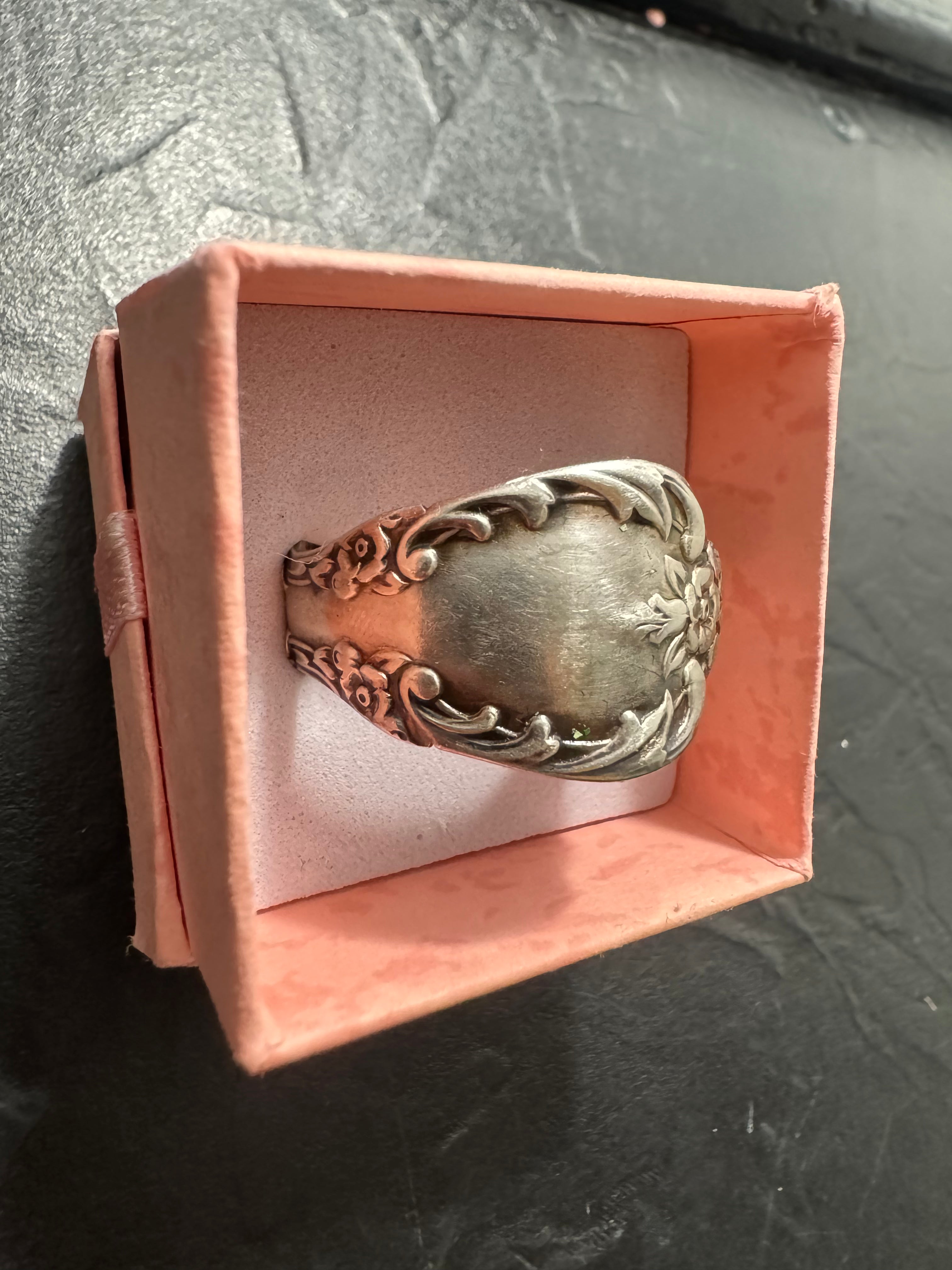 “Gilded Garden” – Handmade Rogers Silver Spoon Ring (Size 12) | Antique Floral Statement Ring
