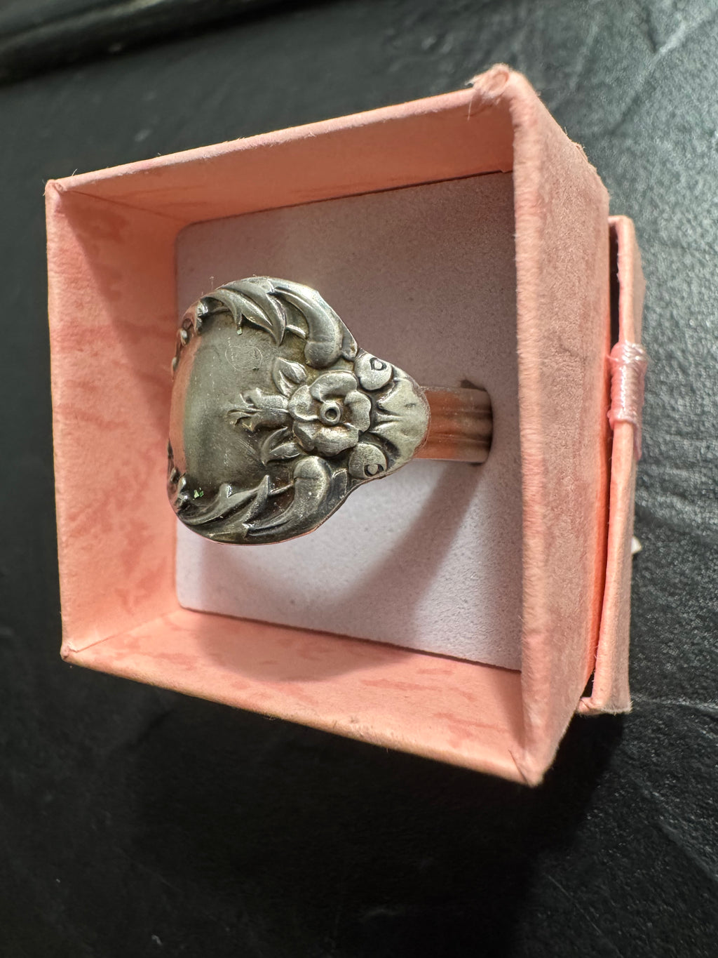 “Gilded Garden” – Handmade Rogers Silver Spoon Ring (Size 12) | Antique Floral Statement Ring