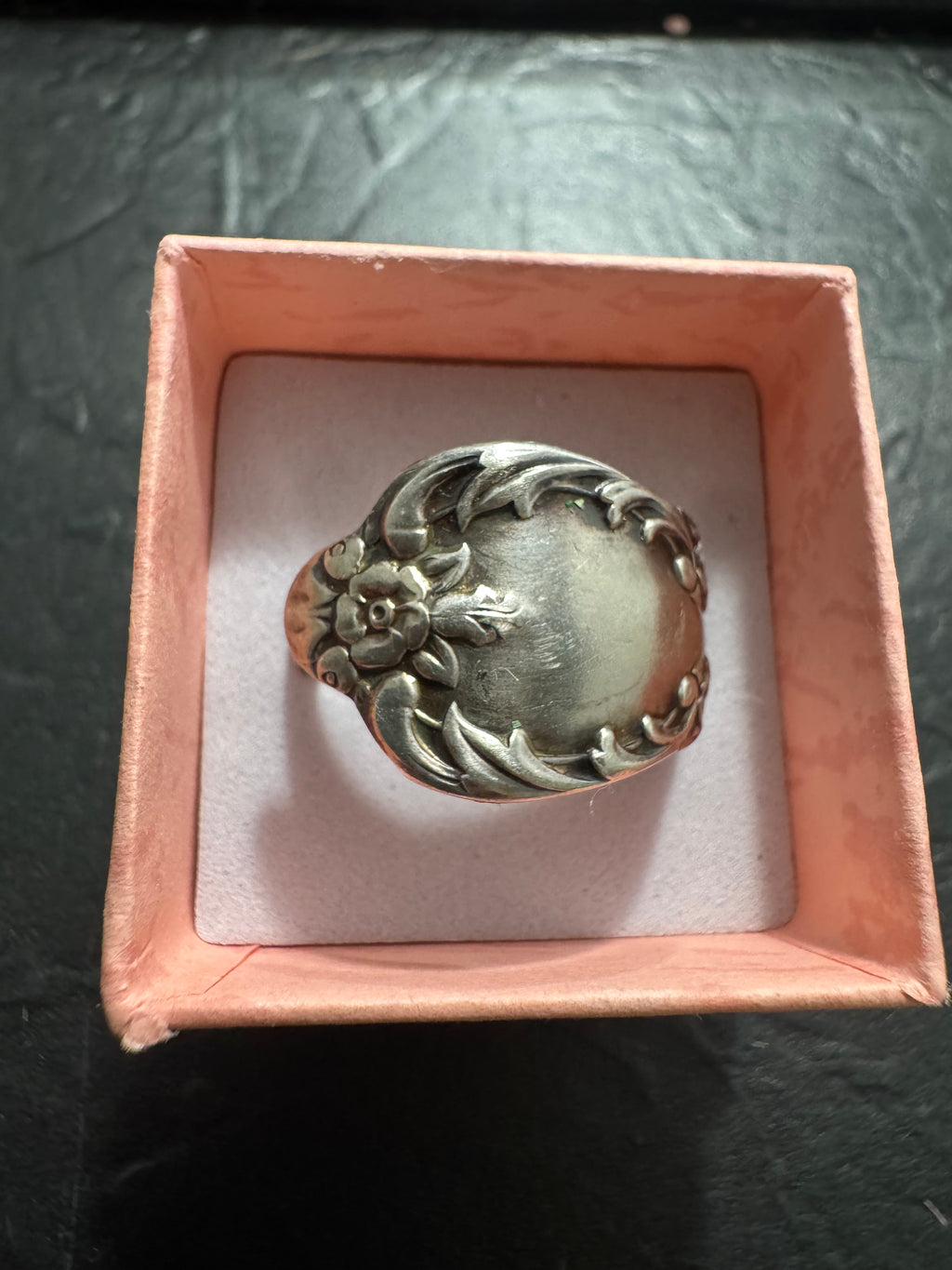 “Gilded Garden” – Handmade Rogers Silver Spoon Ring (Size 12) | Antique Floral Statement Ring
