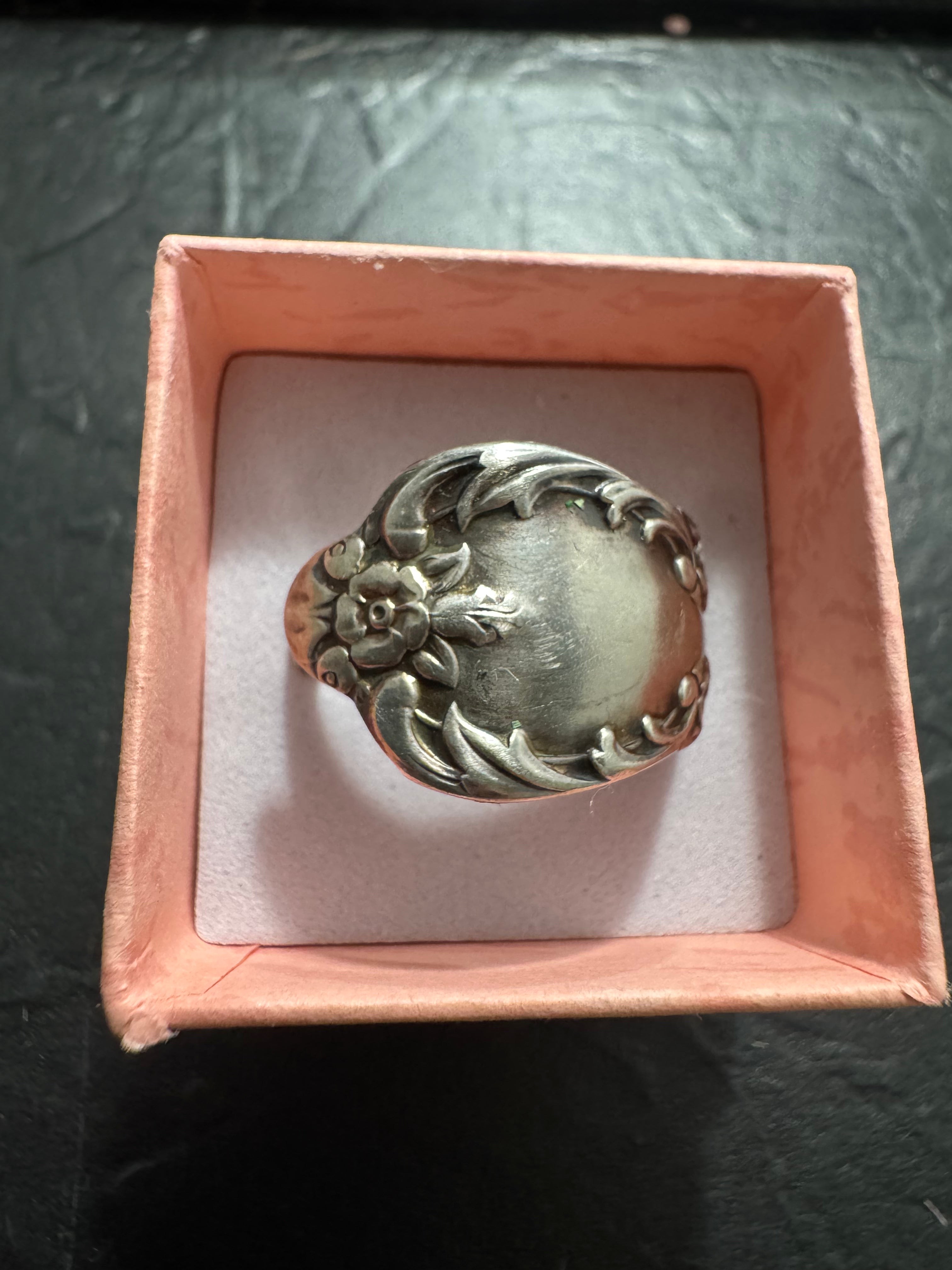 “Gilded Garden” – Handmade Rogers Silver Spoon Ring (Size 12) | Antique Floral Statement Ring