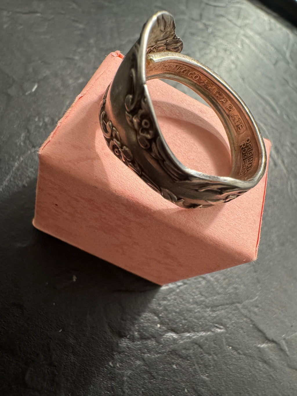 “Gilded Garden” – Handmade Rogers Silver Spoon Ring (Size 12) | Antique Floral Statement Ring