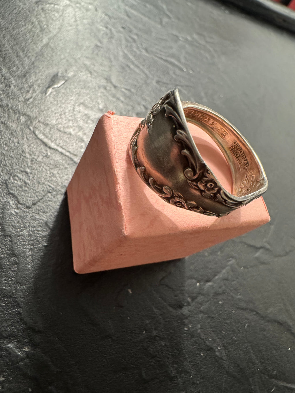 “Gilded Garden” – Handmade Rogers Silver Spoon Ring (Size 12) | Antique Floral Statement Ring