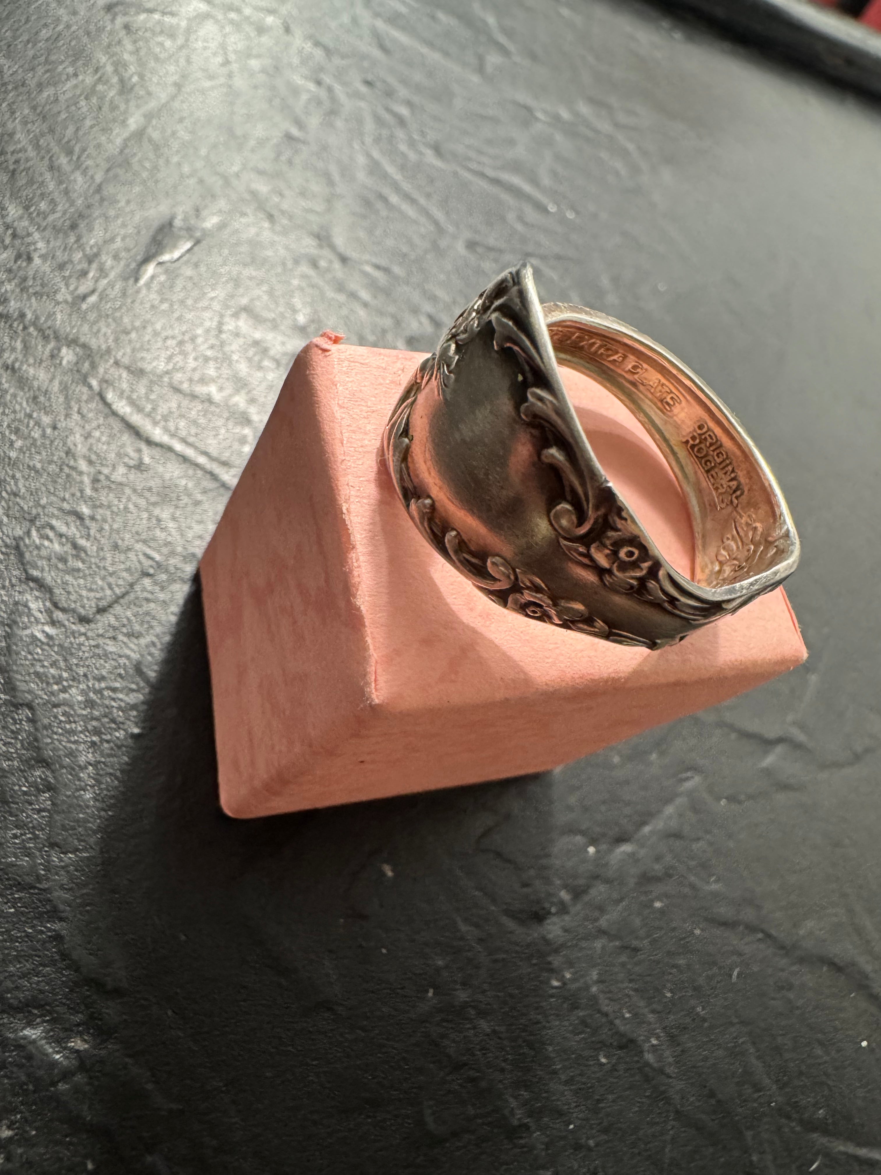 “Gilded Garden” – Handmade Rogers Silver Spoon Ring (Size 12) | Antique Floral Statement Ring