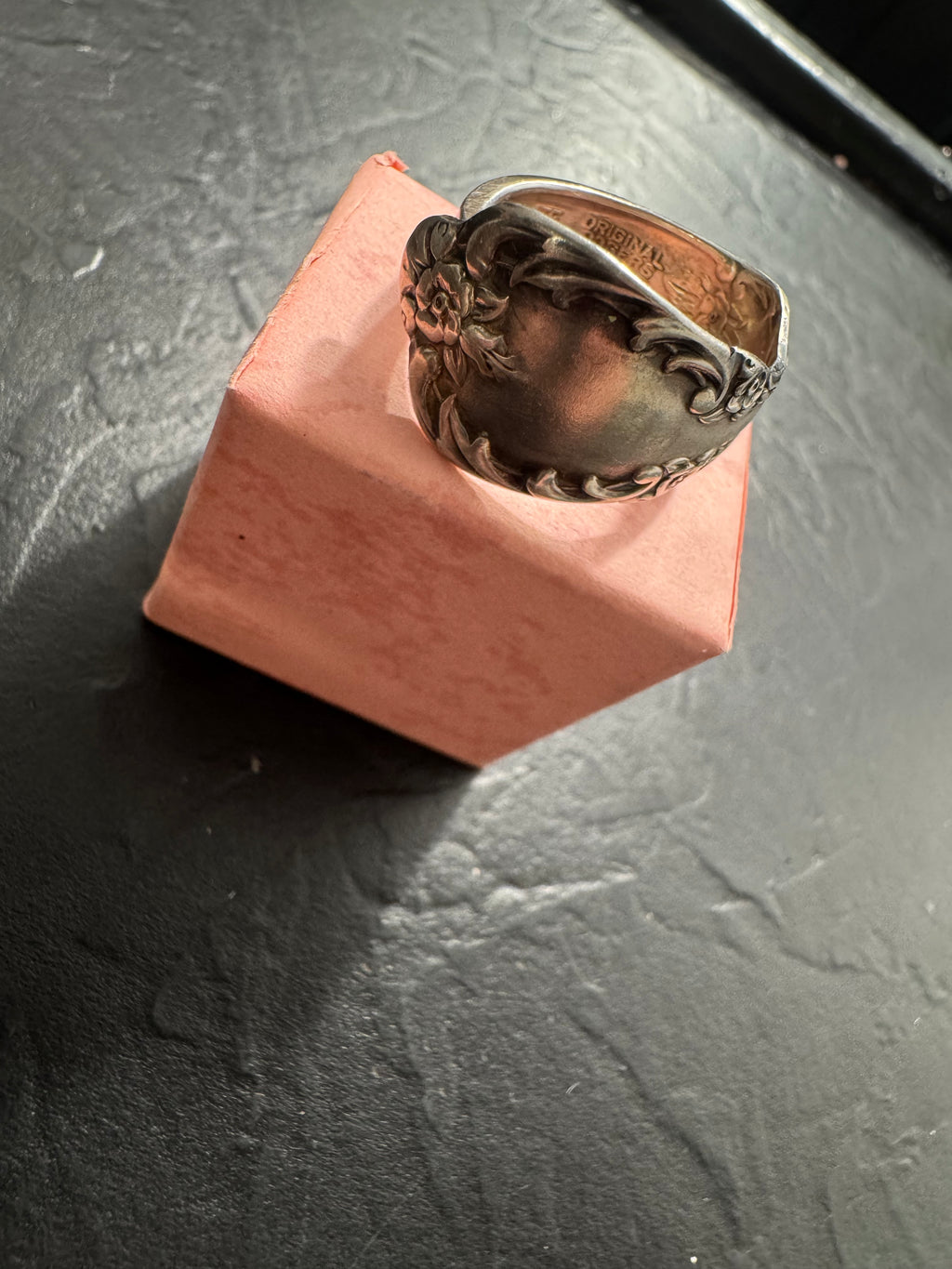 “Gilded Garden” – Handmade Rogers Silver Spoon Ring (Size 12) | Antique Floral Statement Ring